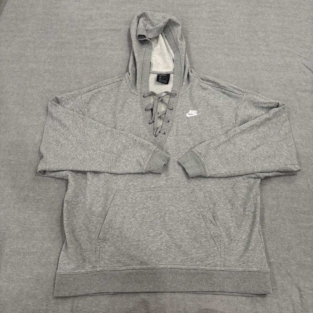 Nike Women's Medium Lace-Up V Neck Sportswear Fleece Pull Over Hoodie Gray